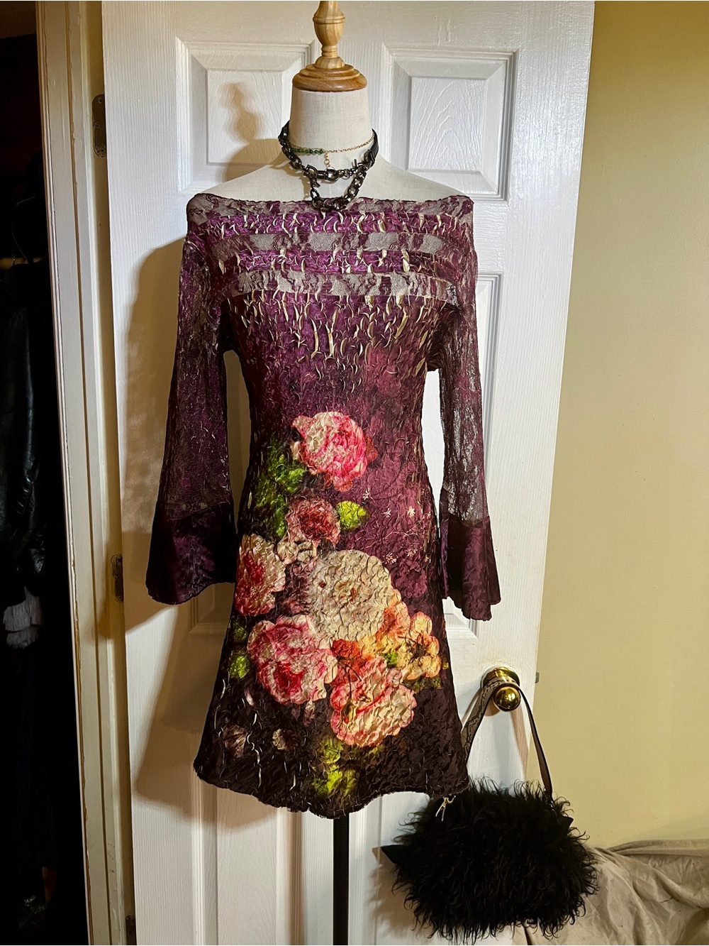 LINDI Wms Plum Pink Lace Floral Mesh Sheer Fairy Grunge Whimsigoth Mini Dress S